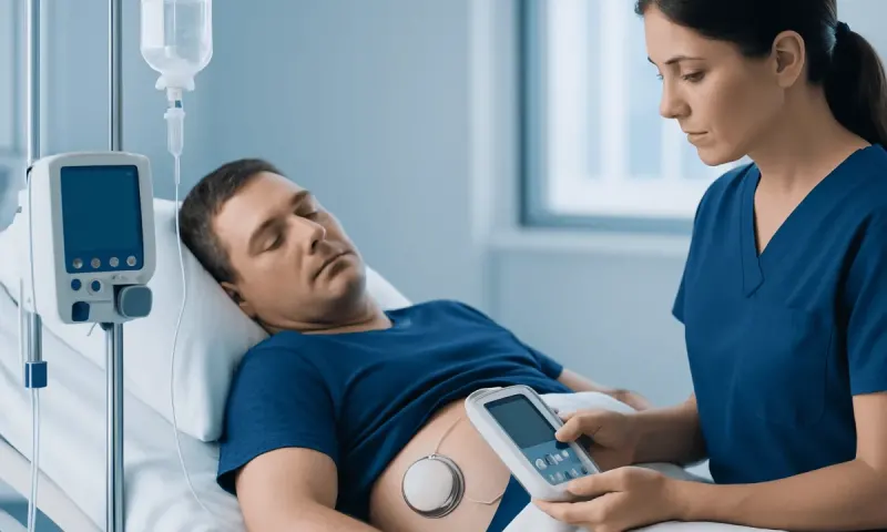 Patient with Baclofen pump in hospital bed receiving medical care.