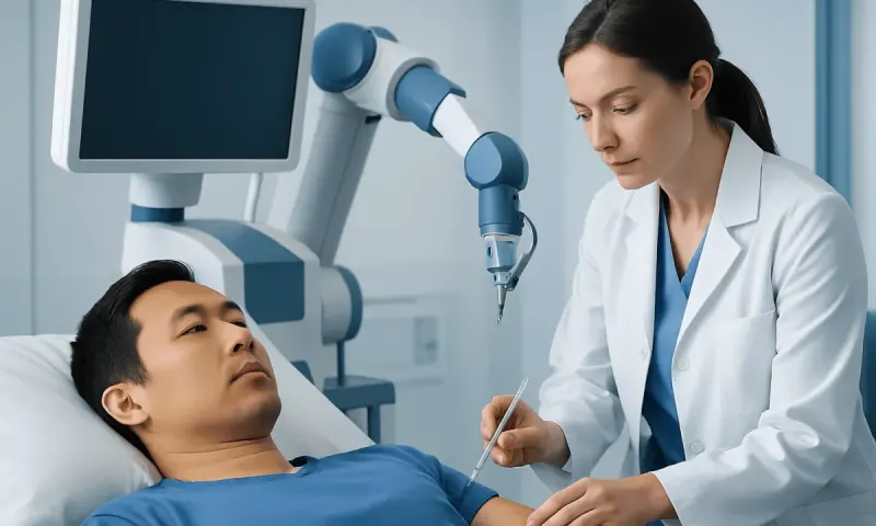 Doctor performing a CRISPR injection on a patient in a medical facility.