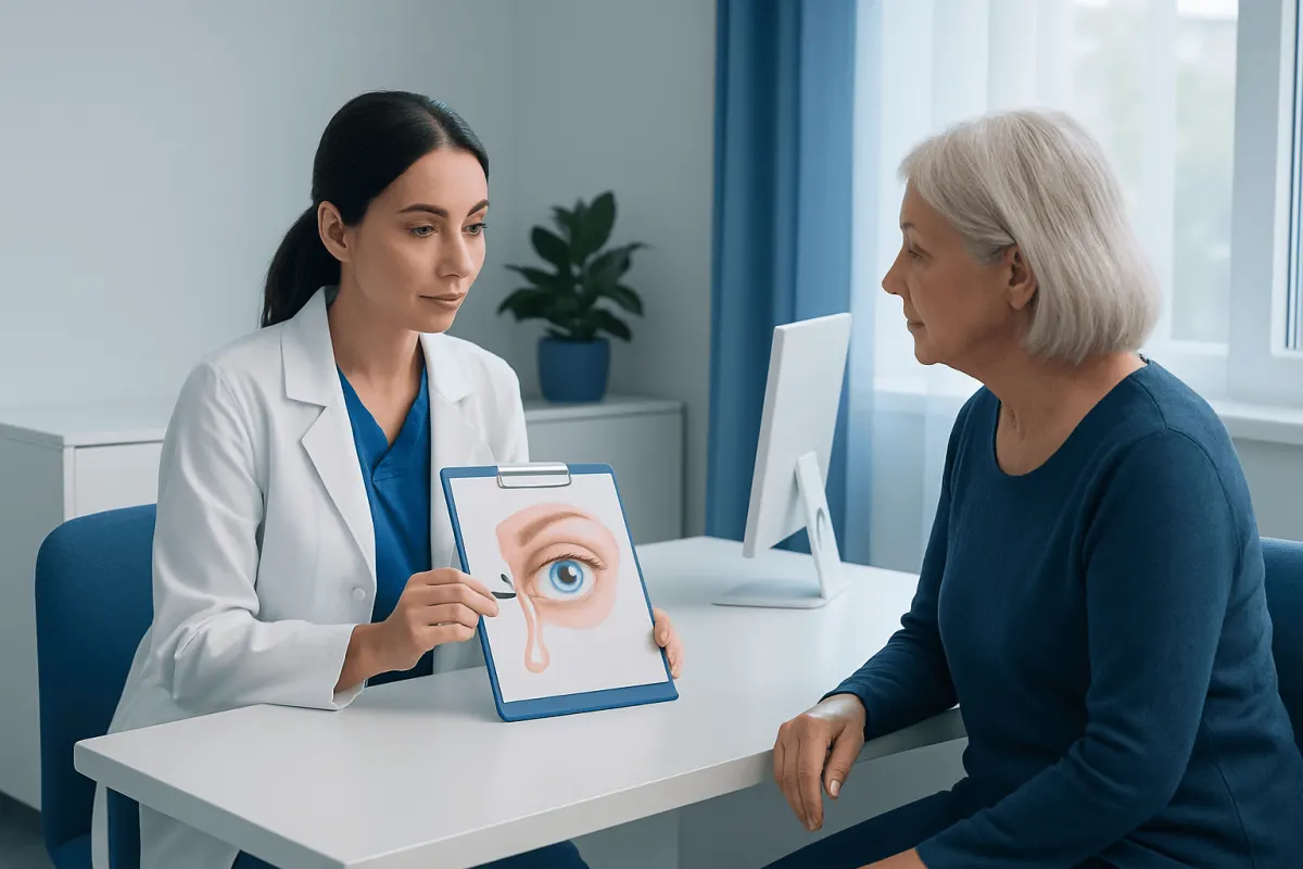 Ophthalmologist explains tear duct surgery to patient using eye diagram.