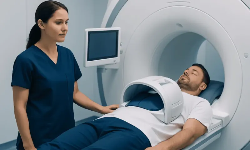 Patient undergoing MRI scan in a hospital setting with medical staff present.