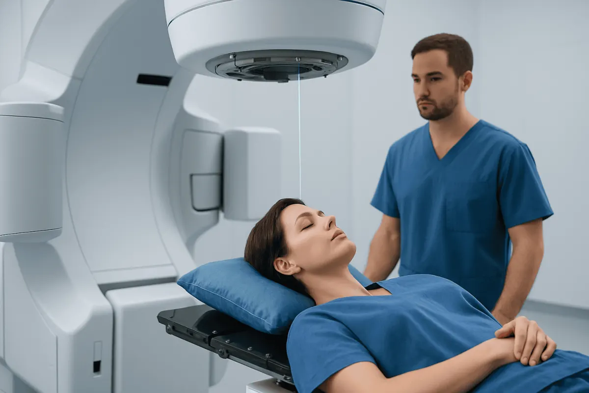 Patient undergoing radiotherapy treatment in a modern medical facility.