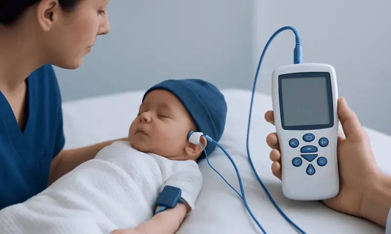 Neonatal hearing screening test with a baby and medical equipment.