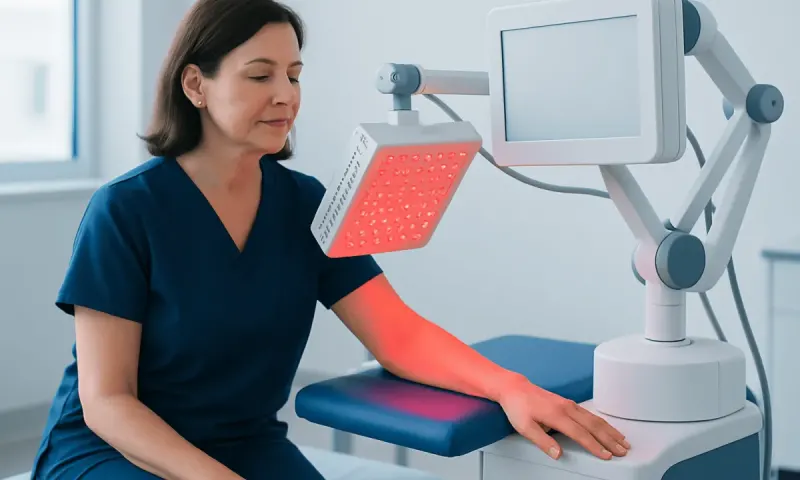 Woman receiving red light therapy treatment for neuropathy at a medical clinic.