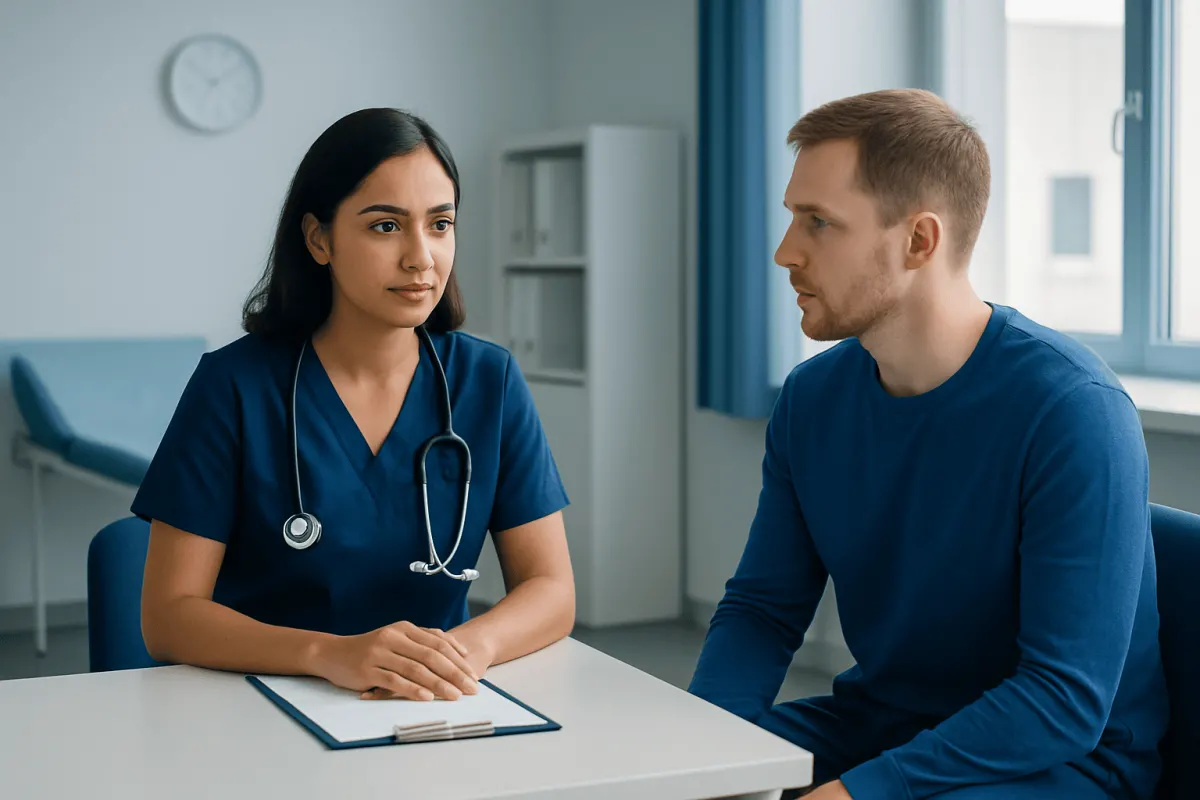 Doctor consulting with a male patient in a clinical setting.