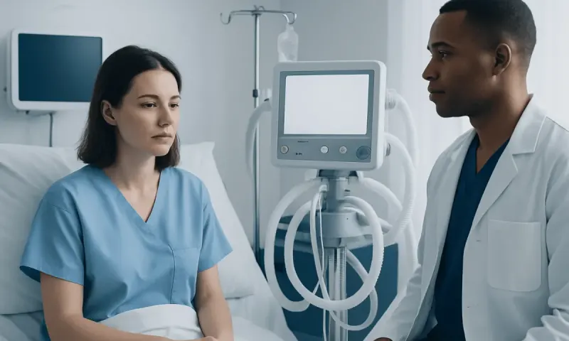 Medical consultation in hospital room with patient and doctor near ventilator.