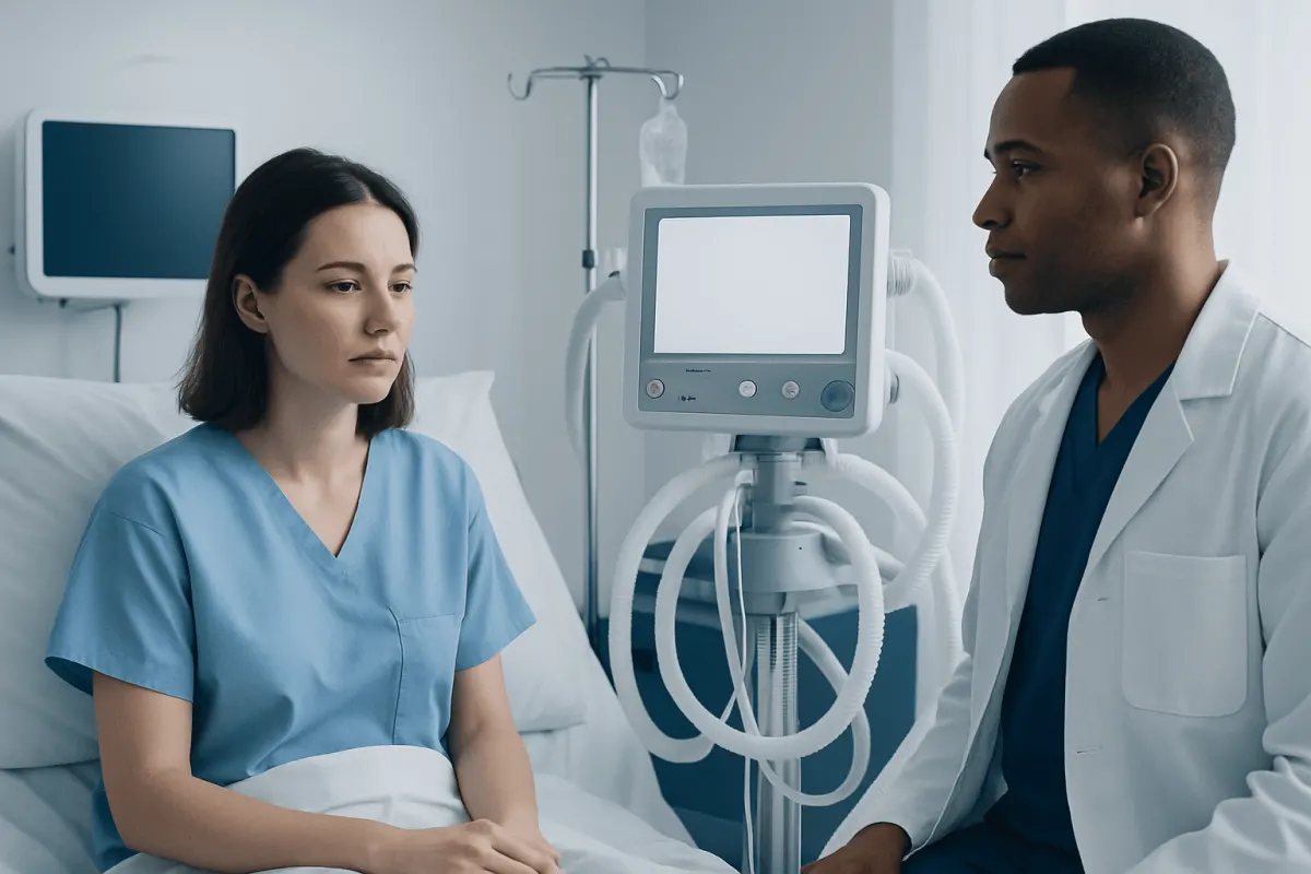 Medical consultation in hospital room with patient and doctor near ventilator.