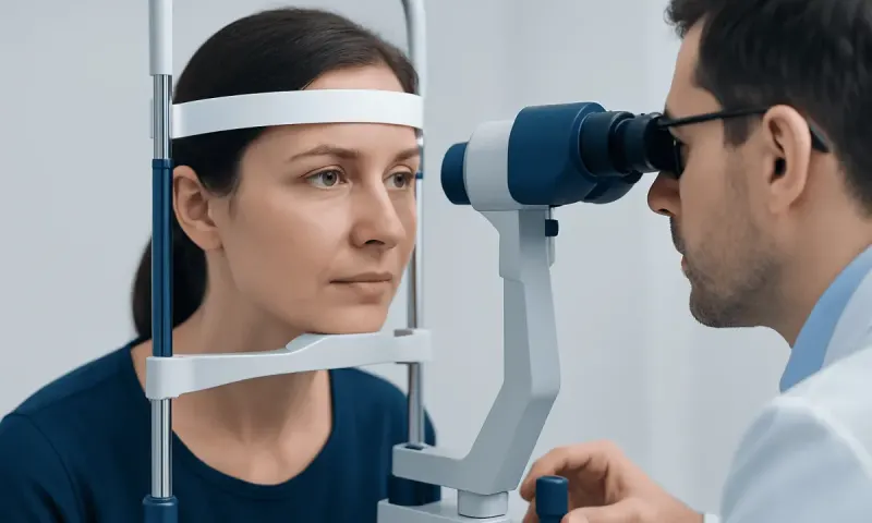 Ophthalmologist examining a woman's eyes with a slit lamp.