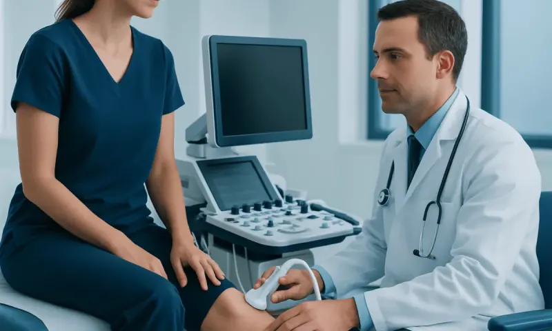 Doctor performing a vascular ultrasound on a patient's leg in a medical clinic.