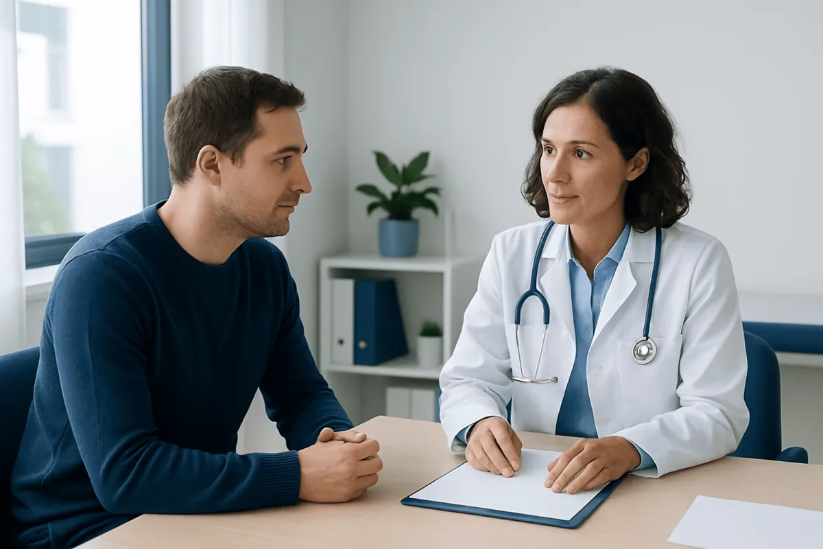 Doctor consulting with a young male patient in a modern clinic setting.