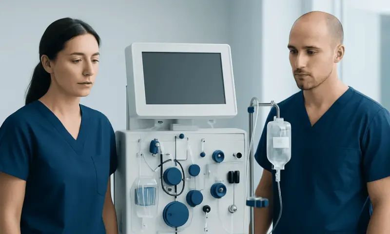 Medical professionals with dialysis machine in hospital setting.