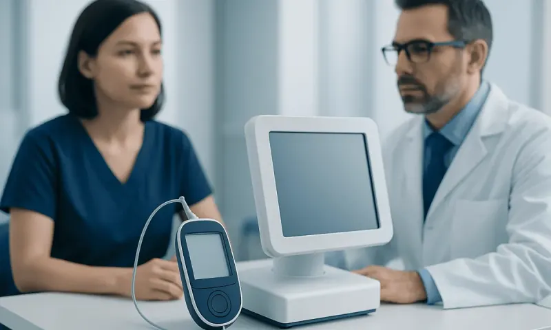 Doctor and patient discussing blood glucose monitoring device in clinic.