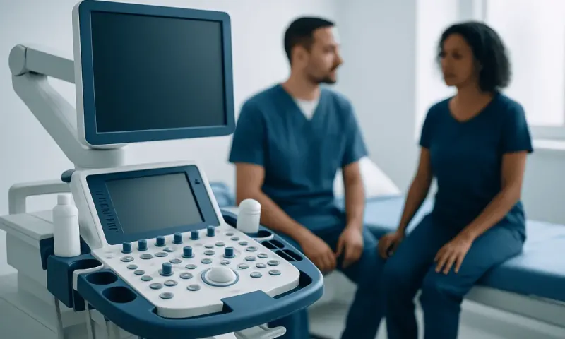 Medical ultrasound machine with two healthcare professionals in a hospital room.