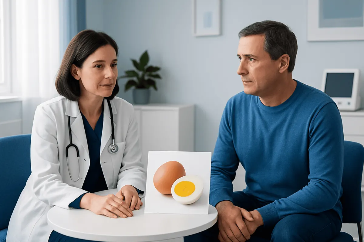 Doctor explaining eggs and gout to patient with visual aid.