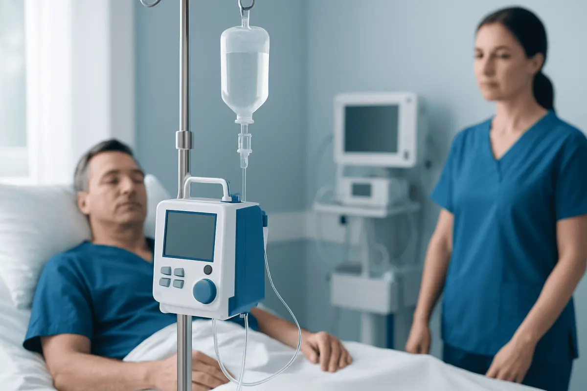 Patient receiving IV therapy in a hospital setting at Acibadem Hospitals Group.