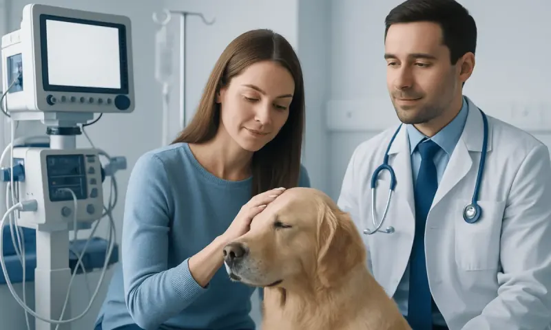 Woman petting a therapy dog in a medical setting for emotional support.