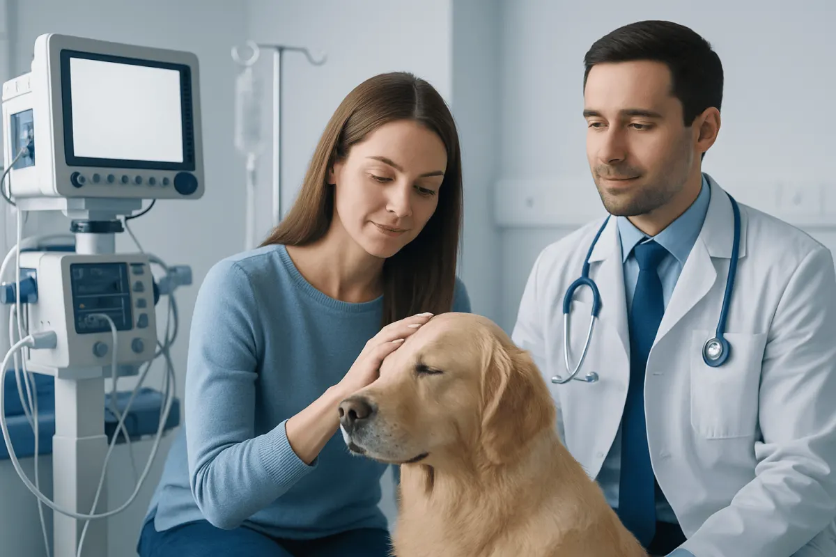 Woman petting a therapy dog in a medical setting for emotional support.