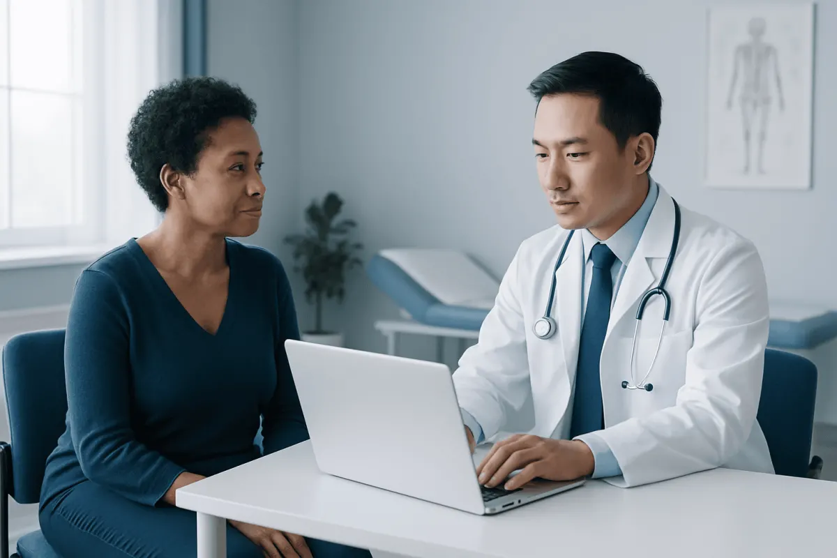 Doctor consulting with a patient using a laptop in a medical office.