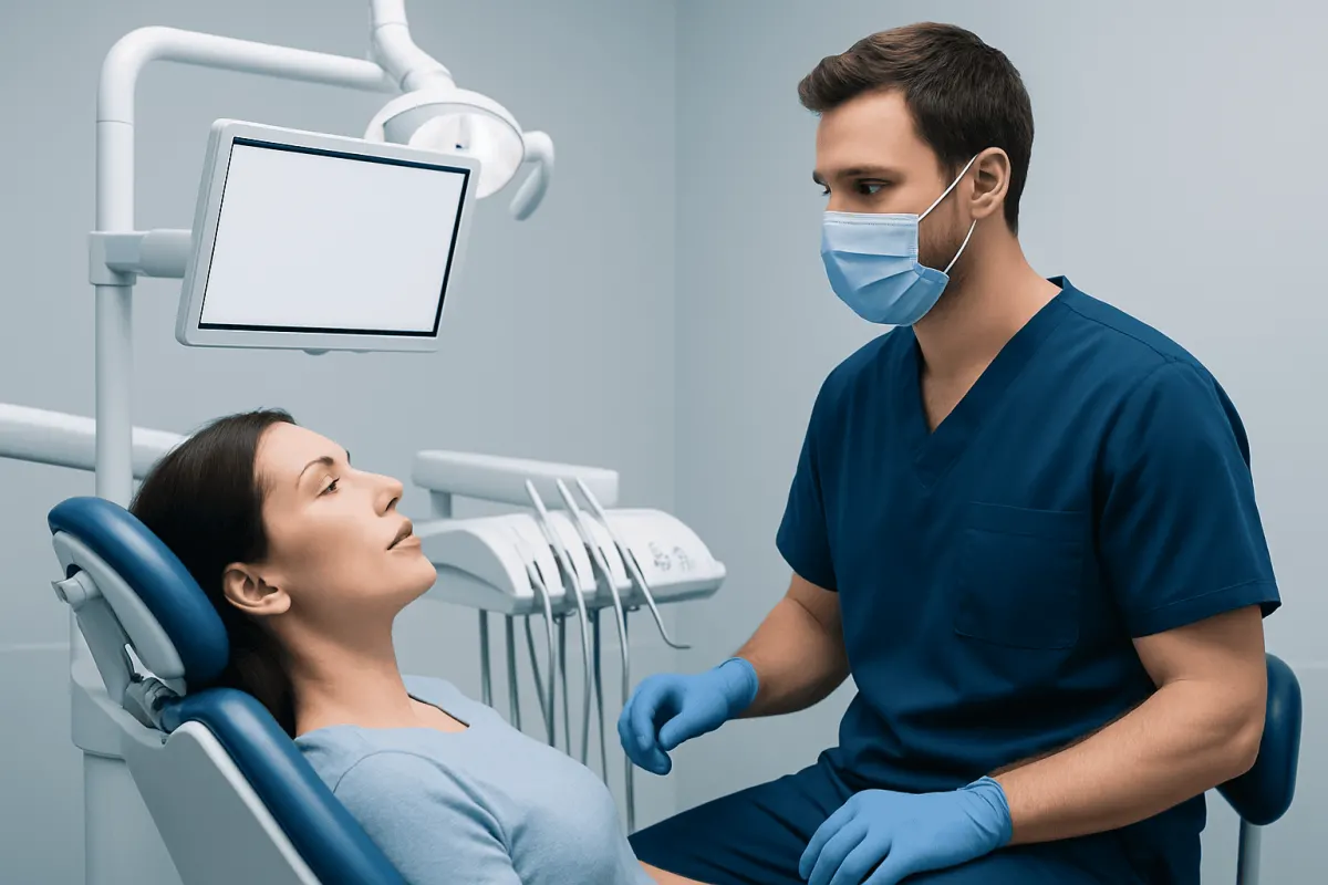 Dentist consulting with a patient in a modern dental clinic.