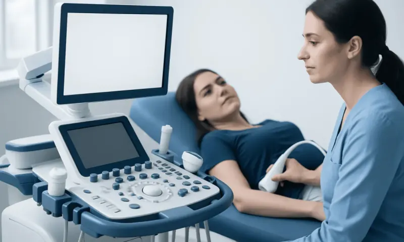Medical professional performs ultrasound examination on patient in hospital.