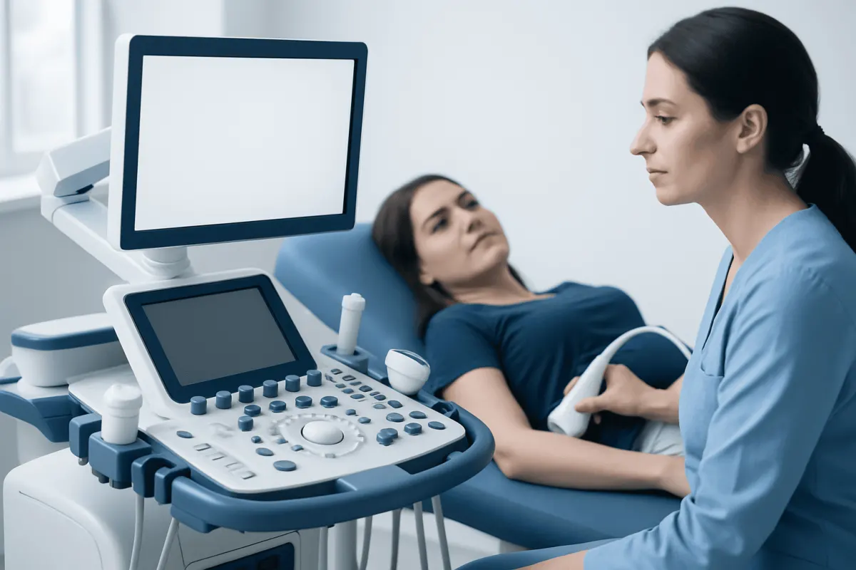 Medical professional performs ultrasound examination on patient in hospital.