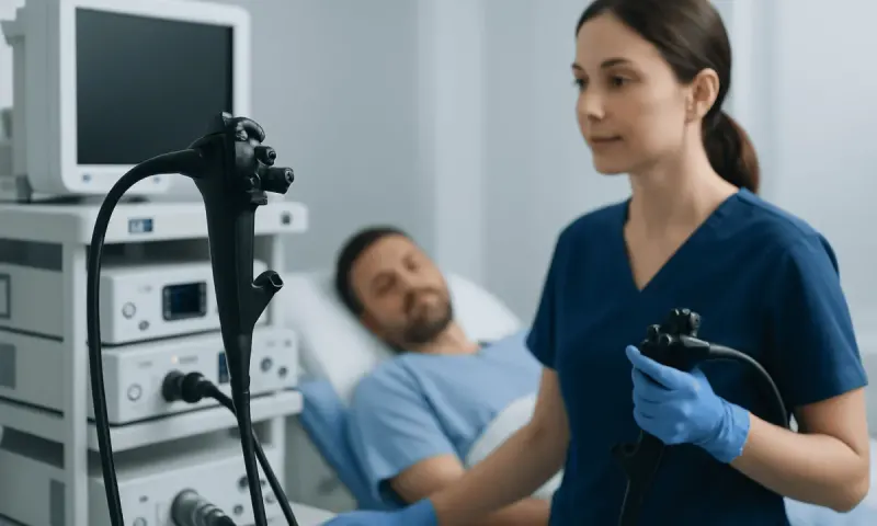 Endoscopic procedure being performed in a hospital setting with medical staff and equipment.