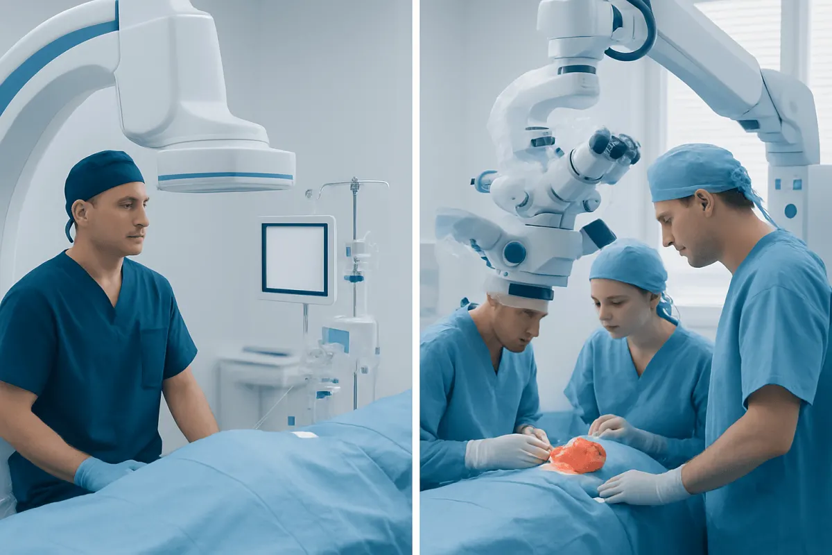 Medical team performing endovascular neurosurgery in a modern hospital.