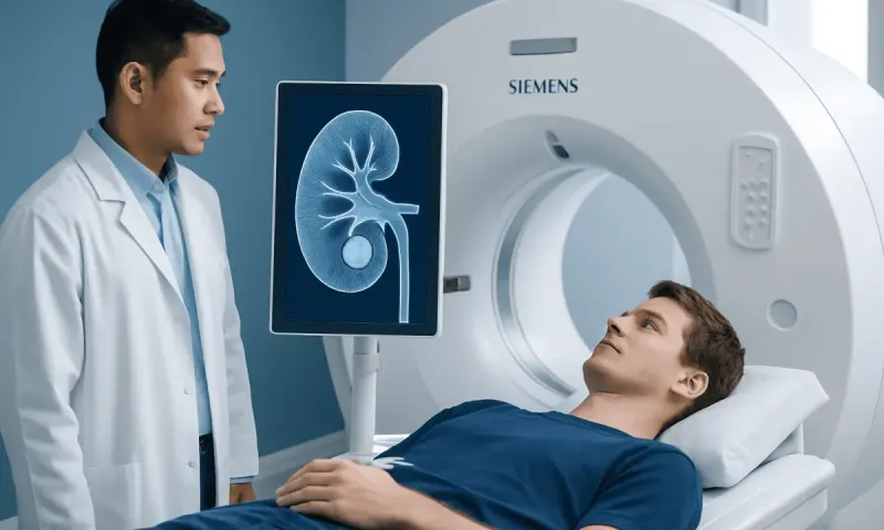 Doctor discussing kidney scan results with patient in hospital.