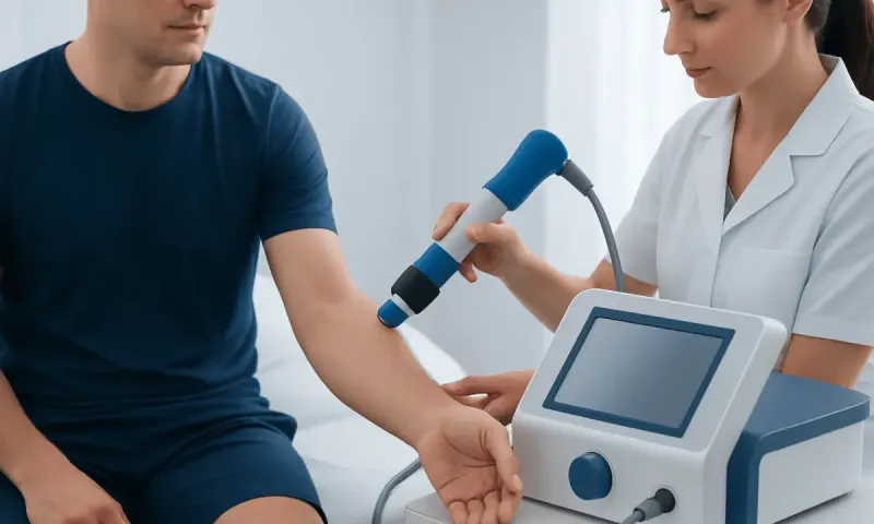 Medical professional performing Epat therapy on patient's arm with specialized device.