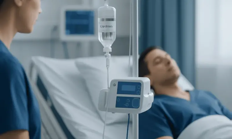 Patient receiving IV infusion in hospital setting at Acibadem Hospitals Group.