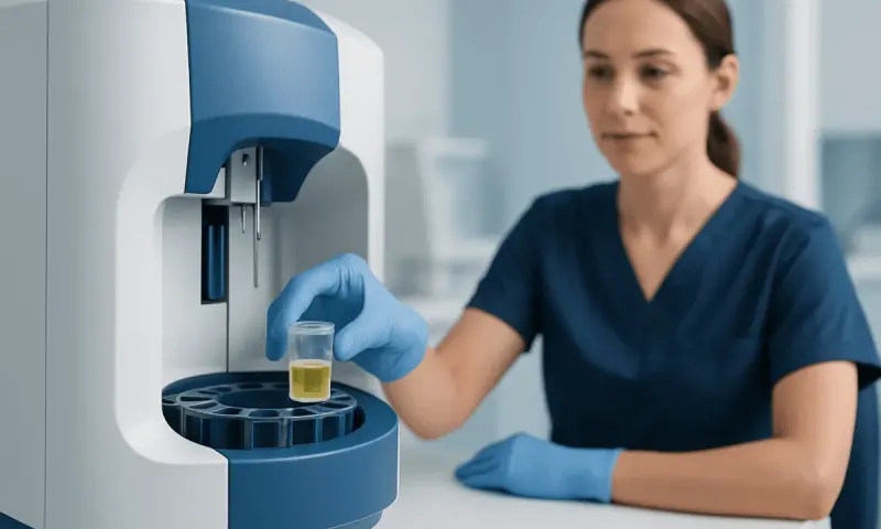 Laboratory technician analyzing a urine sample in a medical lab setting.