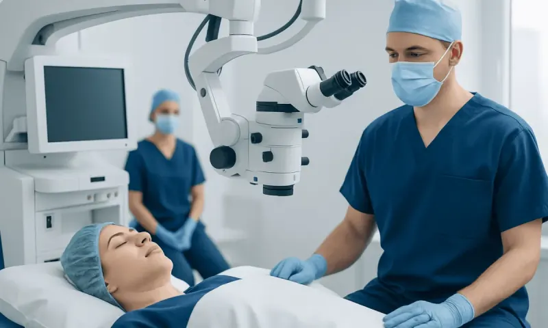 Surgeon performing excision surgery with advanced microscope in hospital.