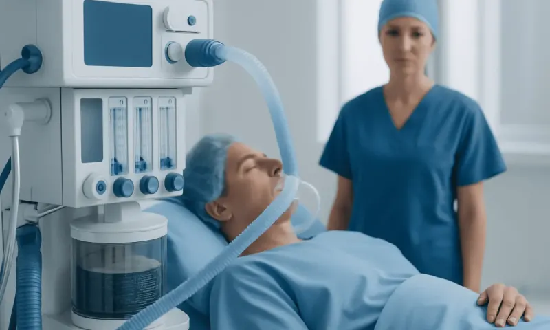 Patient on ventilator in hospital with nurse nearby.