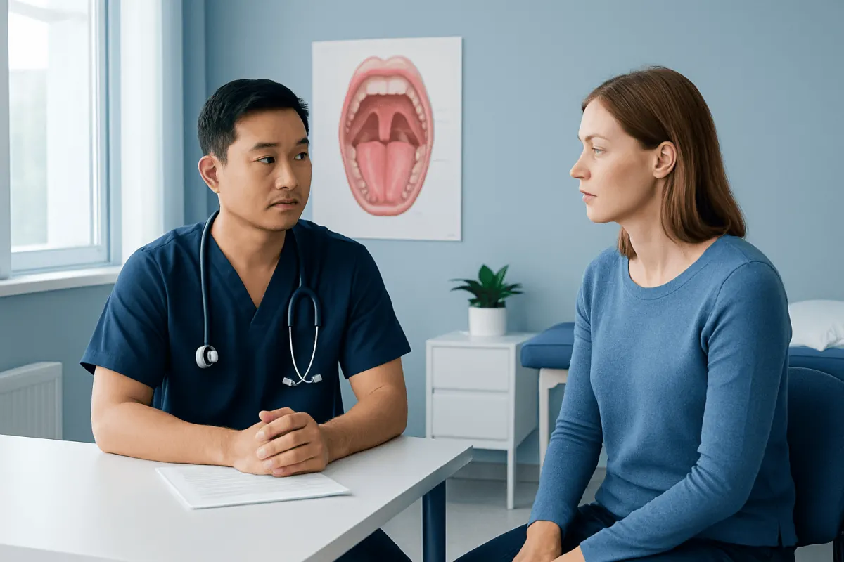 Doctor consulting patient about tonsil health in a clinic setting.