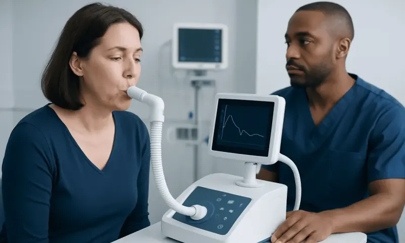 Patient undergoing spirometry test at Acibadem Hospital for respiratory assessment.