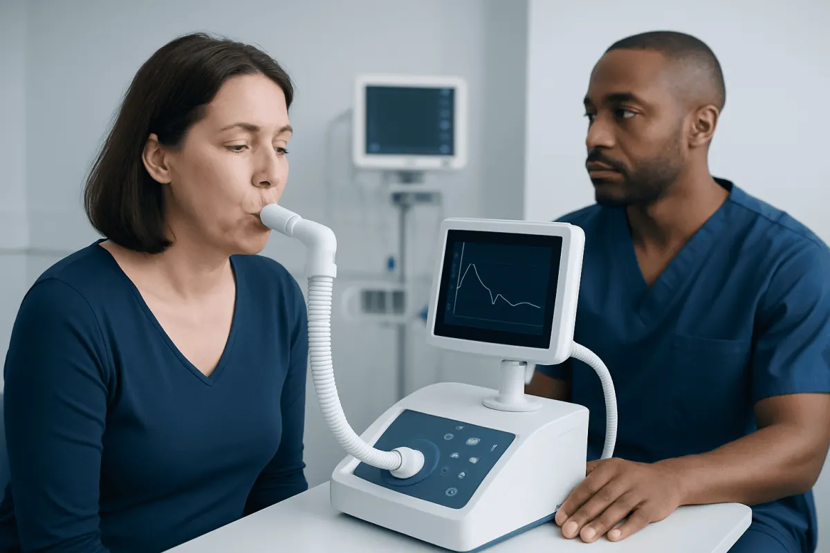 Patient undergoing spirometry test at Acibadem Hospital for respiratory assessment.