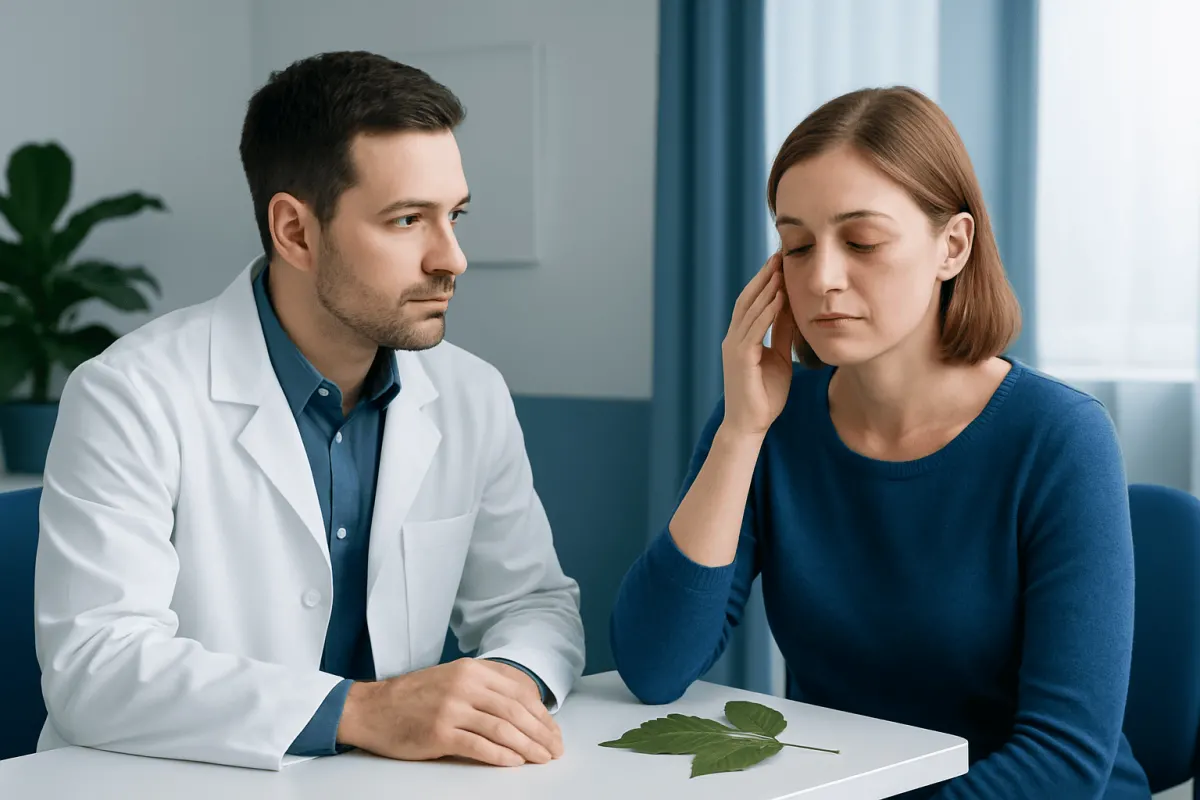 Doctor consulting with a woman patient about eye discomfort.