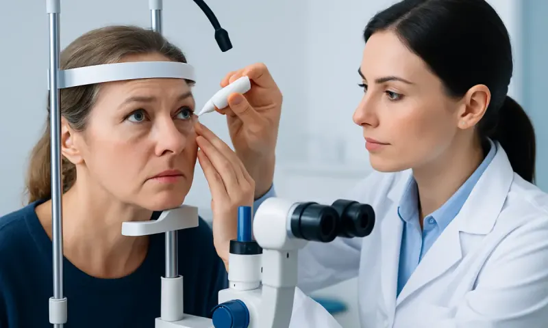 Ophthalmologist examining a woman's eye with specialized equipment at Acibadem Hospital.
