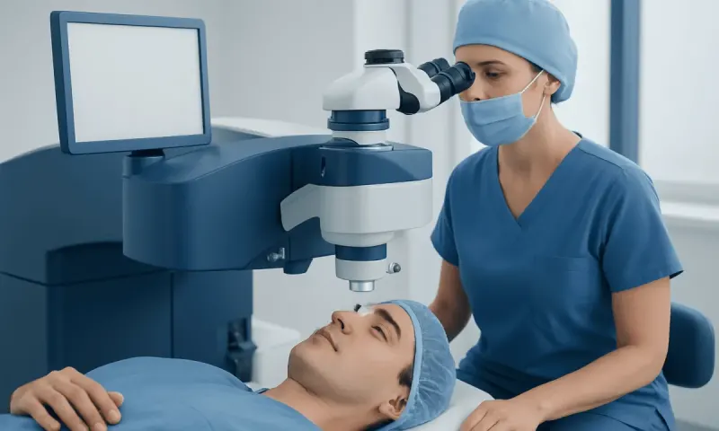 Ophthalmologist performing eye examination with a microscope at Acibadem Hospital.