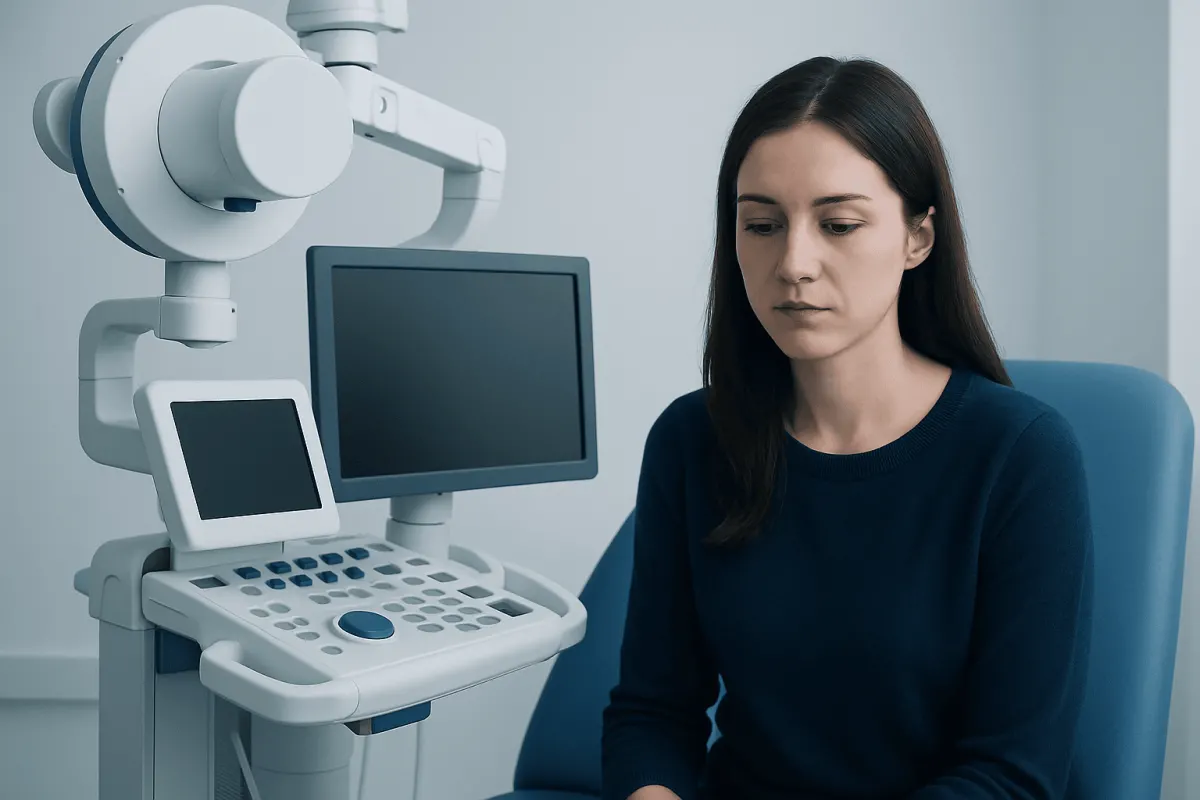 Woman undergoing a medical examination with ultrasound equipment at Acibadem Hospital.
