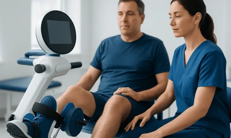 Physical therapy session with a patient using a robotic leg device at Acibadem Hospitals.