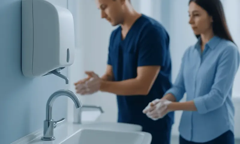 Healthcare professionals washing hands in a clinical setting.