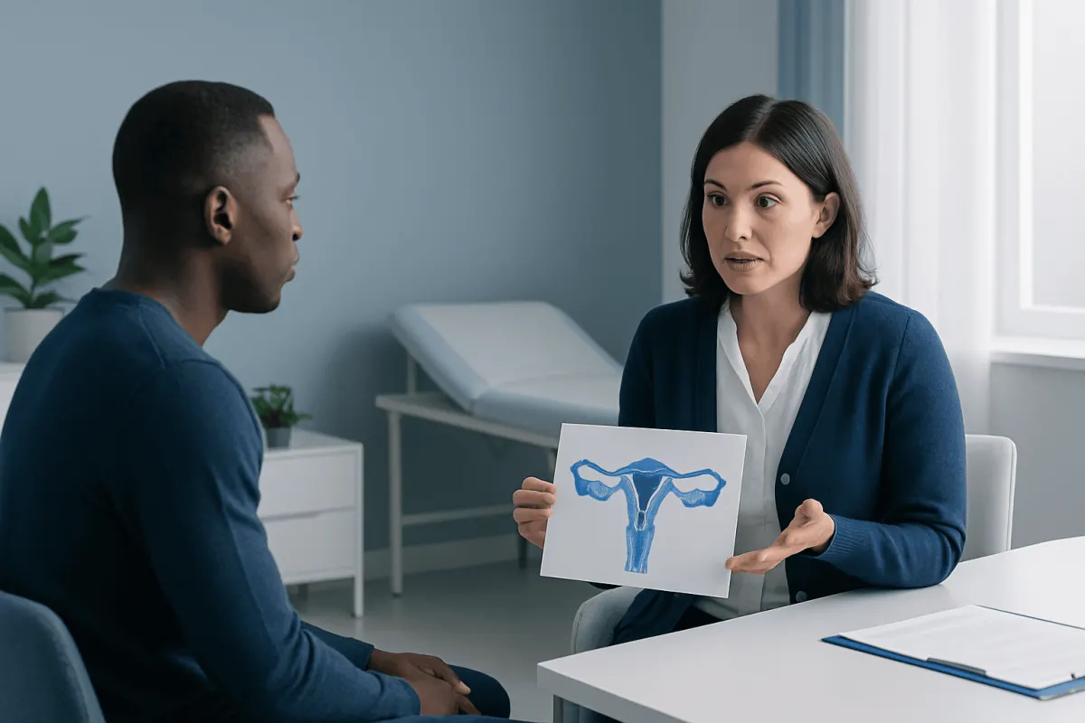 Doctor explaining uterine health to patient with diagram.