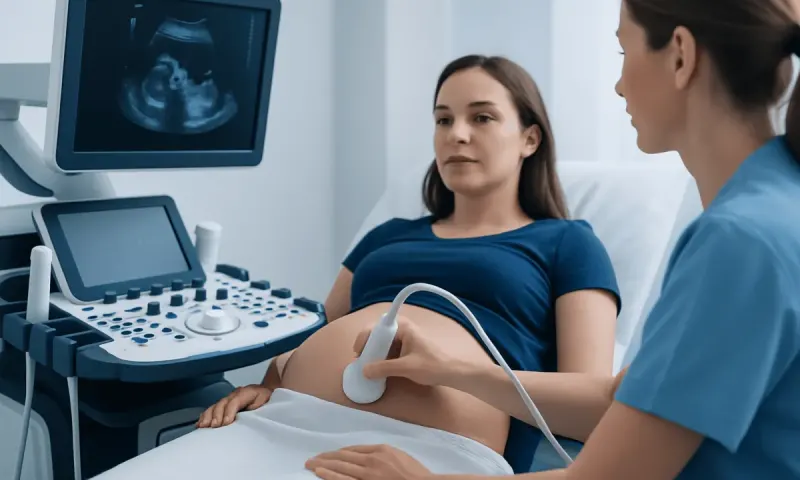 Pregnant woman undergoing ultrasound scan in a medical clinic.