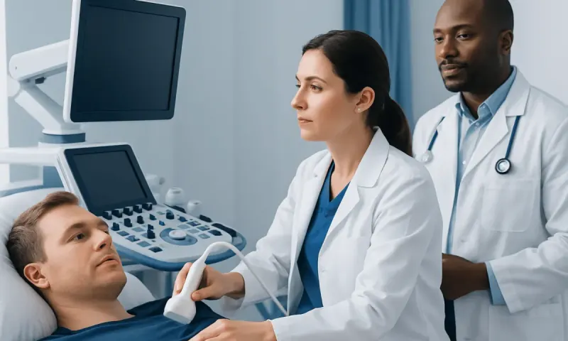Medical professionals perform an ultrasound examination on a patient in a hospital.