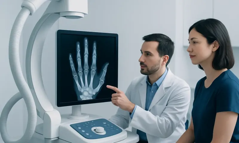 Doctor explaining hand X-ray to patient in a medical clinic.