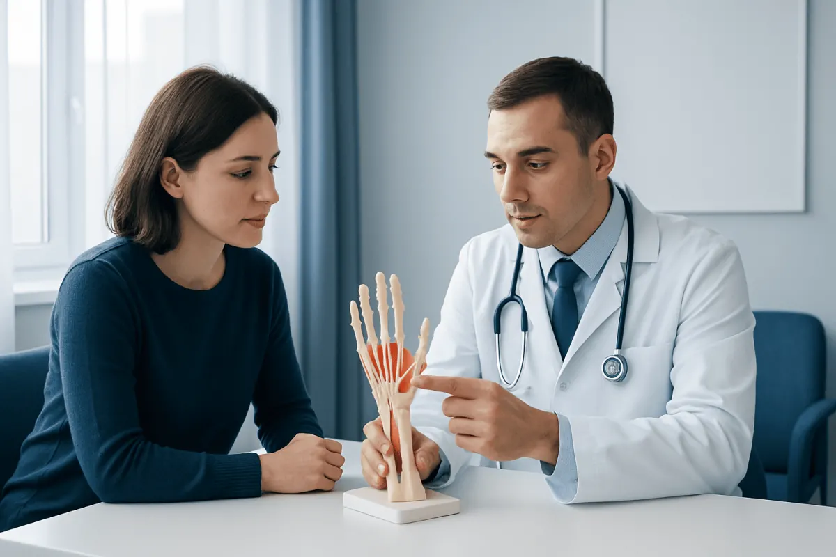 Doctor explaining hand anatomy to patient with a model of the hand bones.