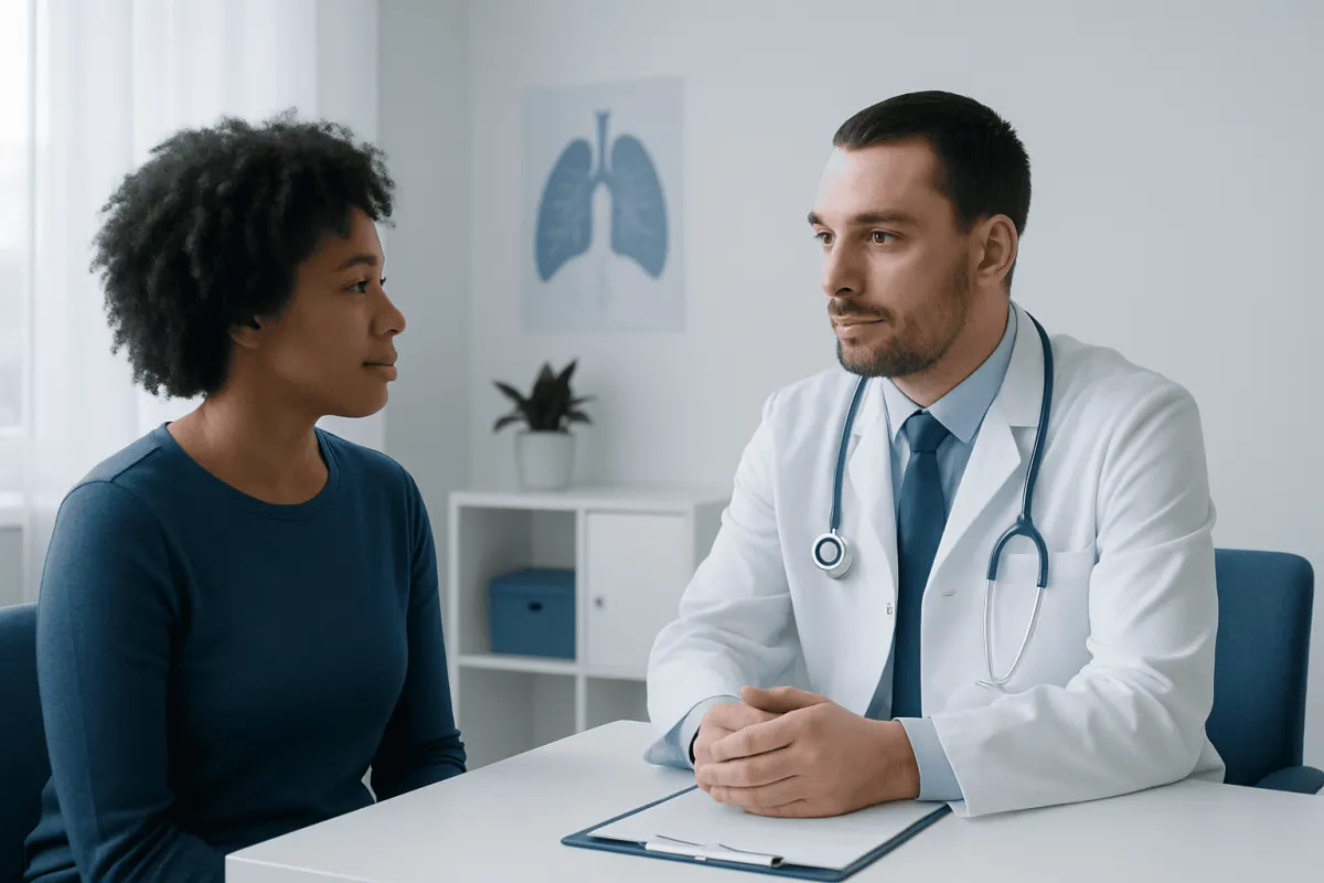 Doctor consulting with a patient in a medical office with lung diagram in background.