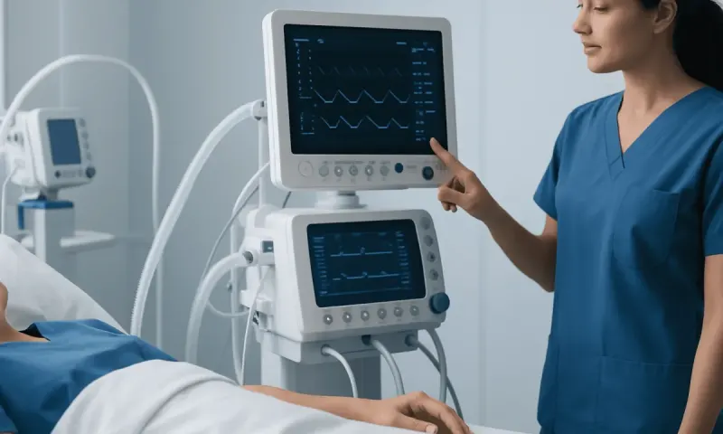 Healthcare professional monitoring patient with medical devices in hospital.