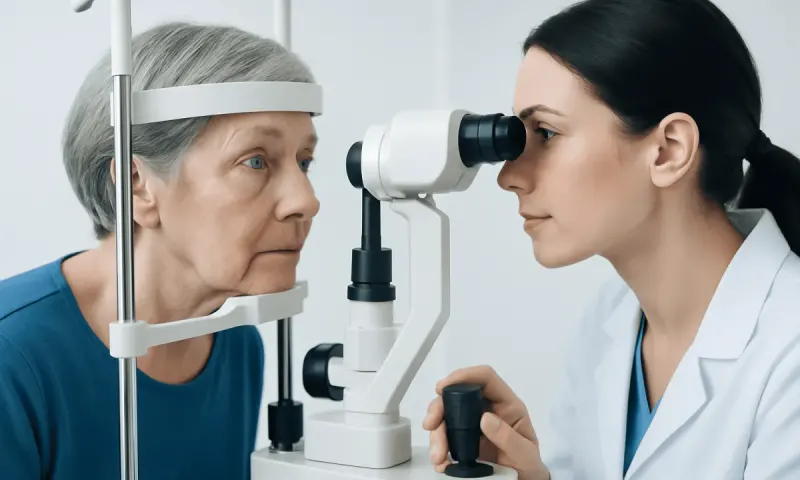 Ophthalmologist examining elderly woman's eye with slit lamp.