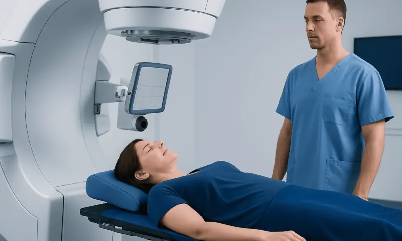 Patient undergoing full body radiation therapy with advanced medical equipment.